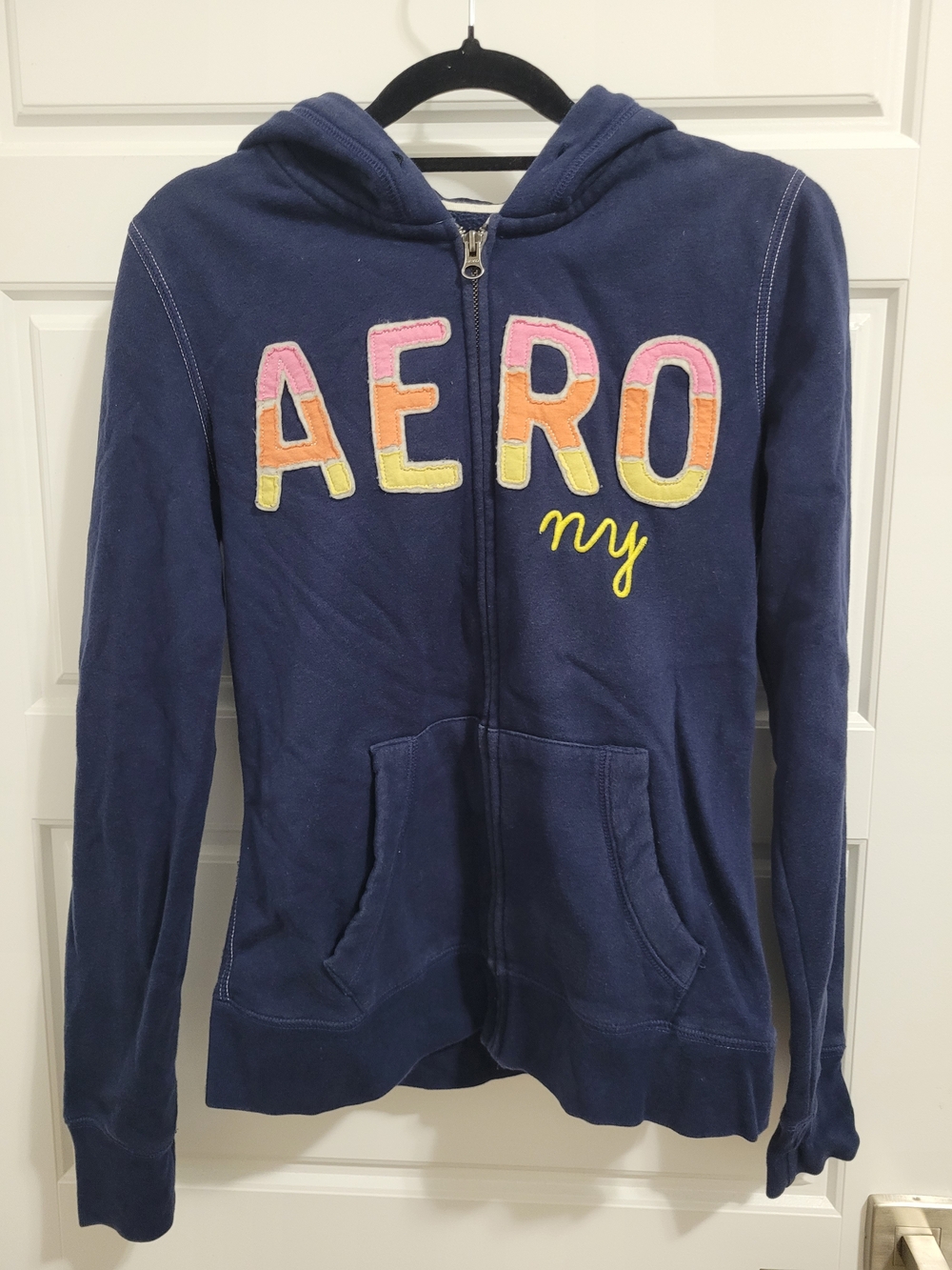 Y2K Aeropostale Navy Zip Hoodie with Pink Orange Yellow AERO Applique